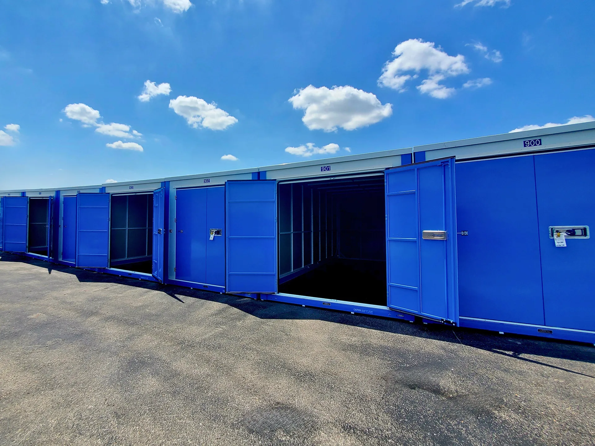 Blue storage containers with open doors